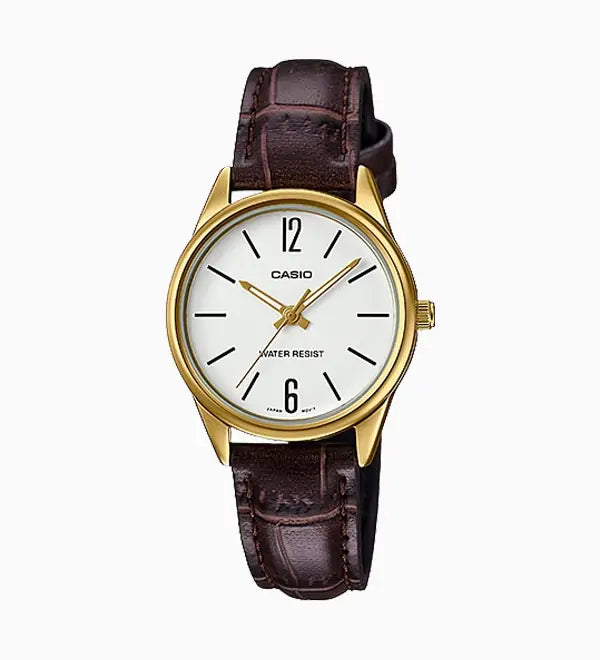 Casio Analog LTP-V005GL-7B women's watch with a white dial, gold-tone case, and brown leather strap. Main image