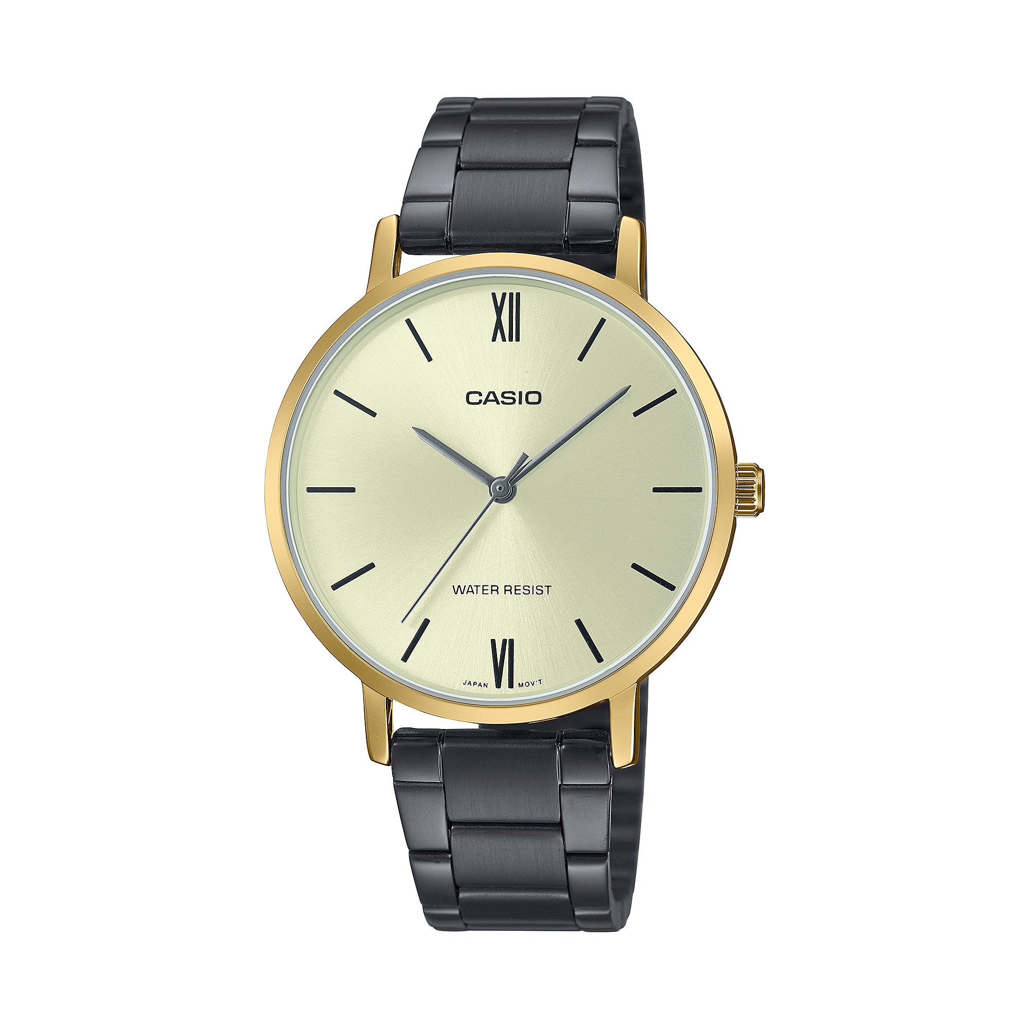 Casio watch with black and gold strap on a white background