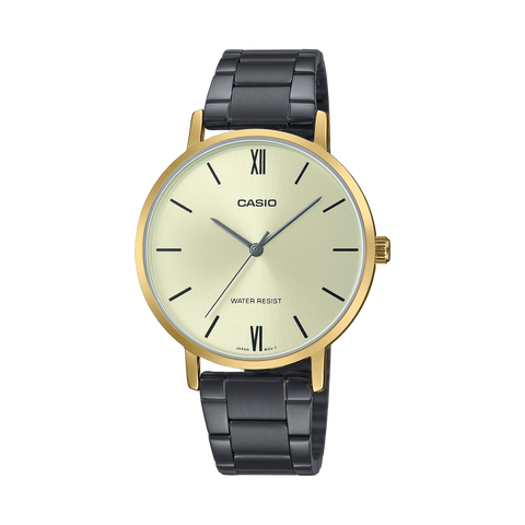 Casio watch with black and gold strap on a white background