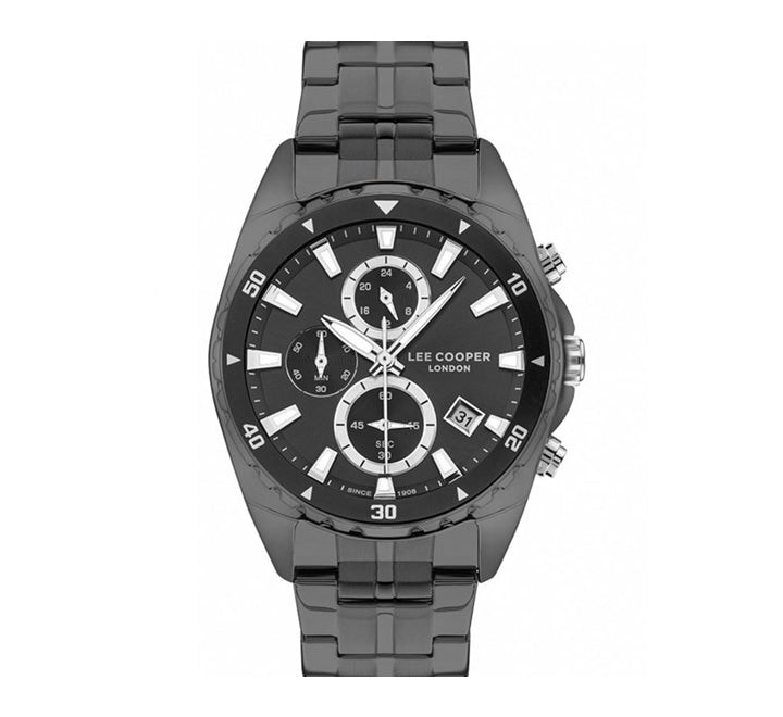Lee Cooper LC07515.650 men's multifunction watch featuring a round black dial and  metal strap.
 Main image