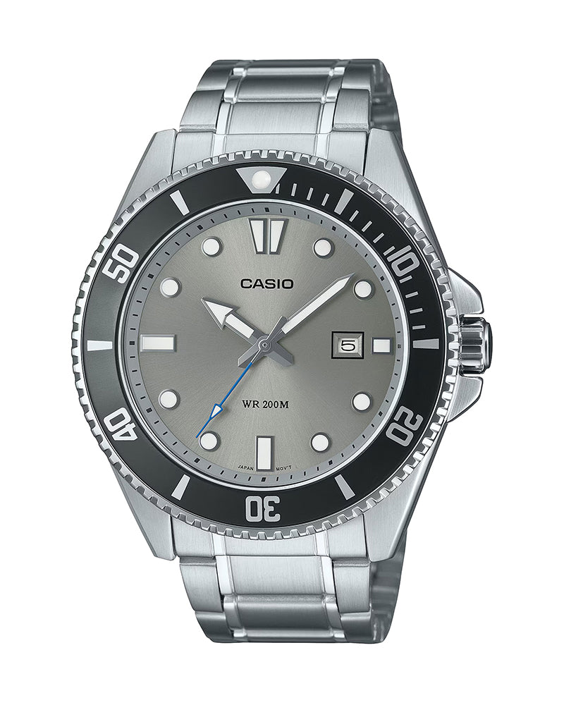 Casio MDV-107D-8A "Duro" dive watch featuring a gray dial and a stainless steel link bracelet. Main image
