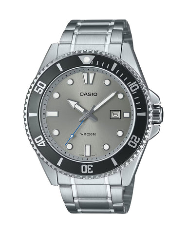 Casio MDV-107D-8A "Duro" dive watch featuring a gray dial and a stainless steel link bracelet.