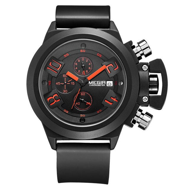 Megir MN2002G-BK-1 quartz chronograph men's watch with black silicone strap and red details Main image