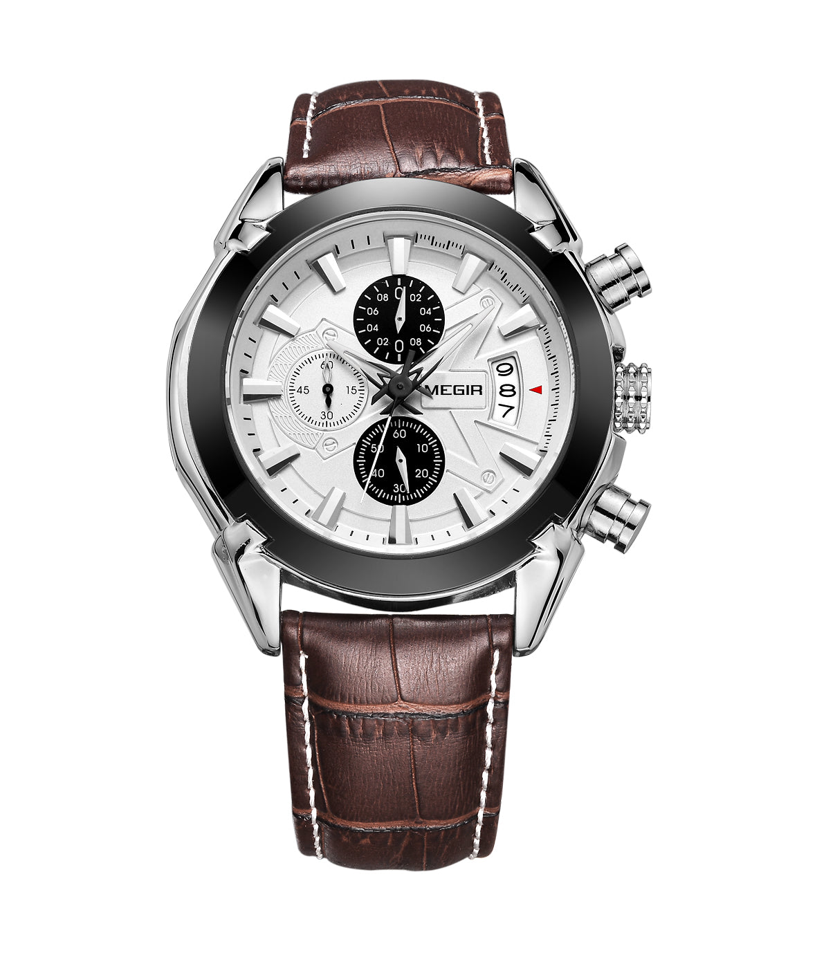 Megir ML2020GBN-7 quartz chronograph men's watch with brown leather strap and silver dial Main image