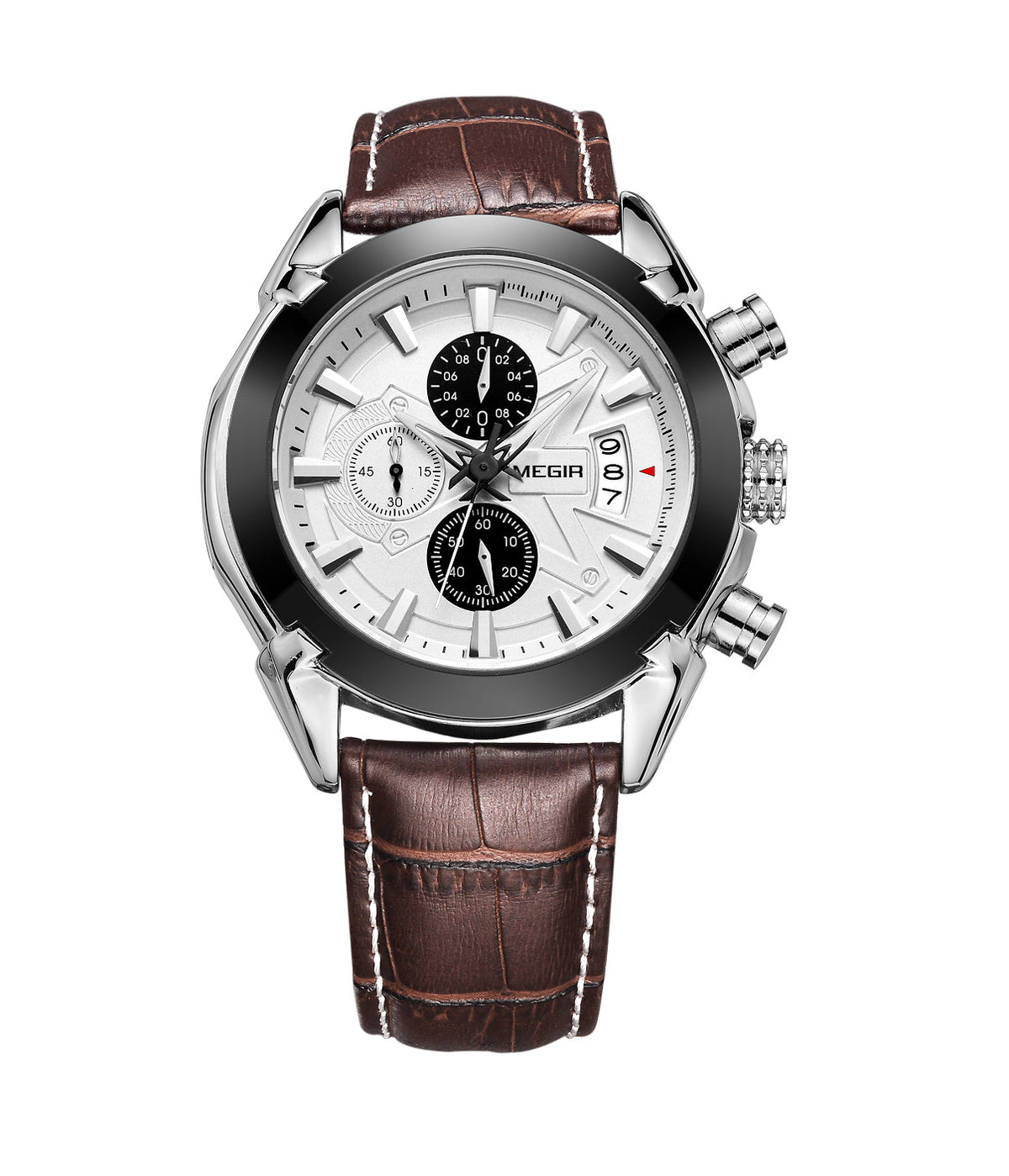 Megir ML2020GBN-7 quartz chronograph men's watch with brown leather strap and silver dial