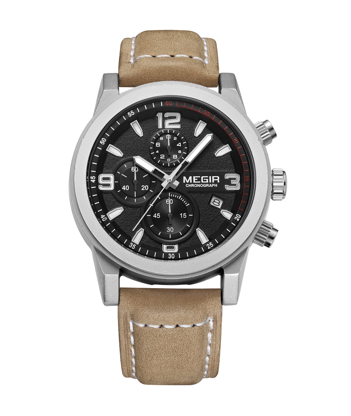 Megir ML2026GBN-1 quartz chronograph men's watch with tan leather strap and black dial