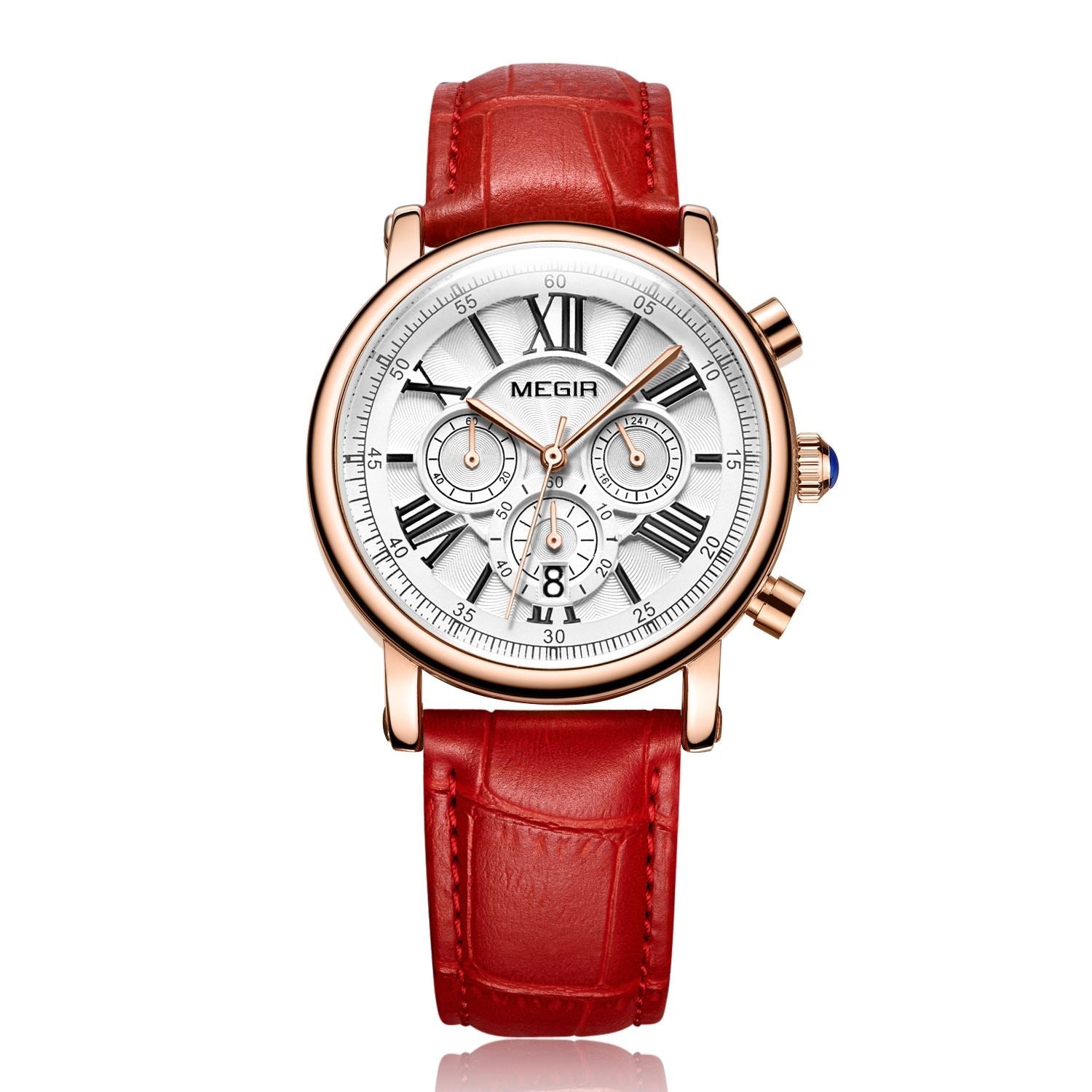 Megir ML2058LRERD-7N0 quartz chronograph women's watch with red leather strap and rose gold-tone case Main image