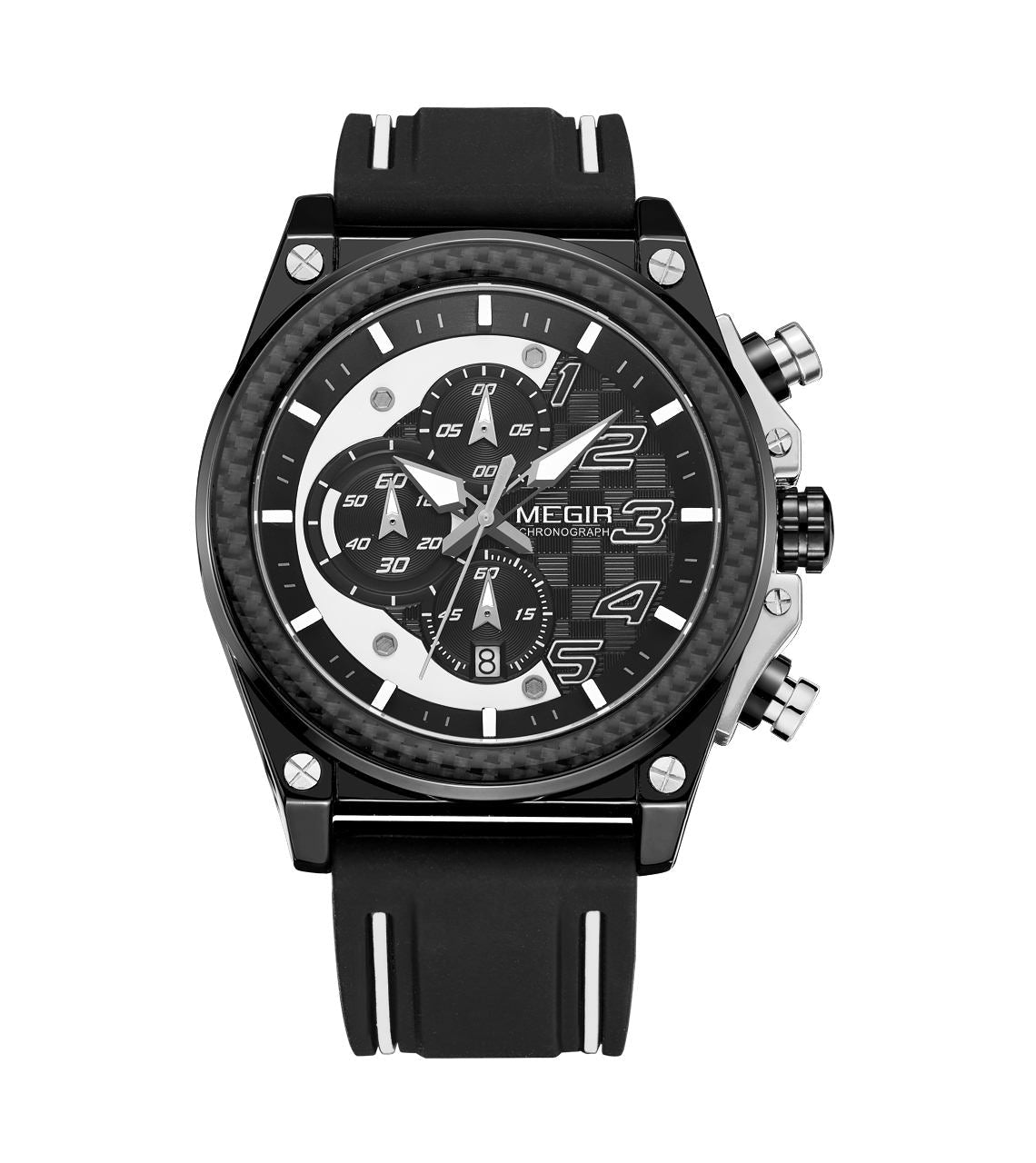 Megir MN2051G-BK-1N7 quartz chronograph men's watch with black silicone strap and black white dial Main image