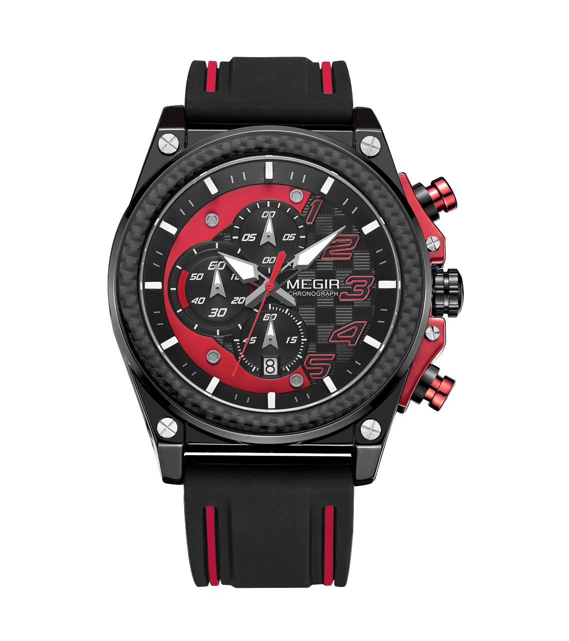 Megir MN2051G-BK-1N8 quartz chronograph men's watch with black silicone strap and red accents Main image