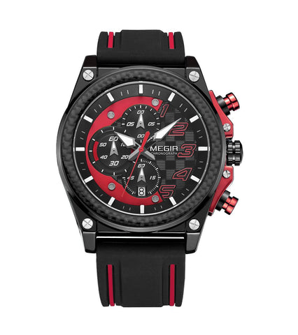 Megir MN2051G-BK-1N8 quartz chronograph men's watch with black silicone strap and red accents