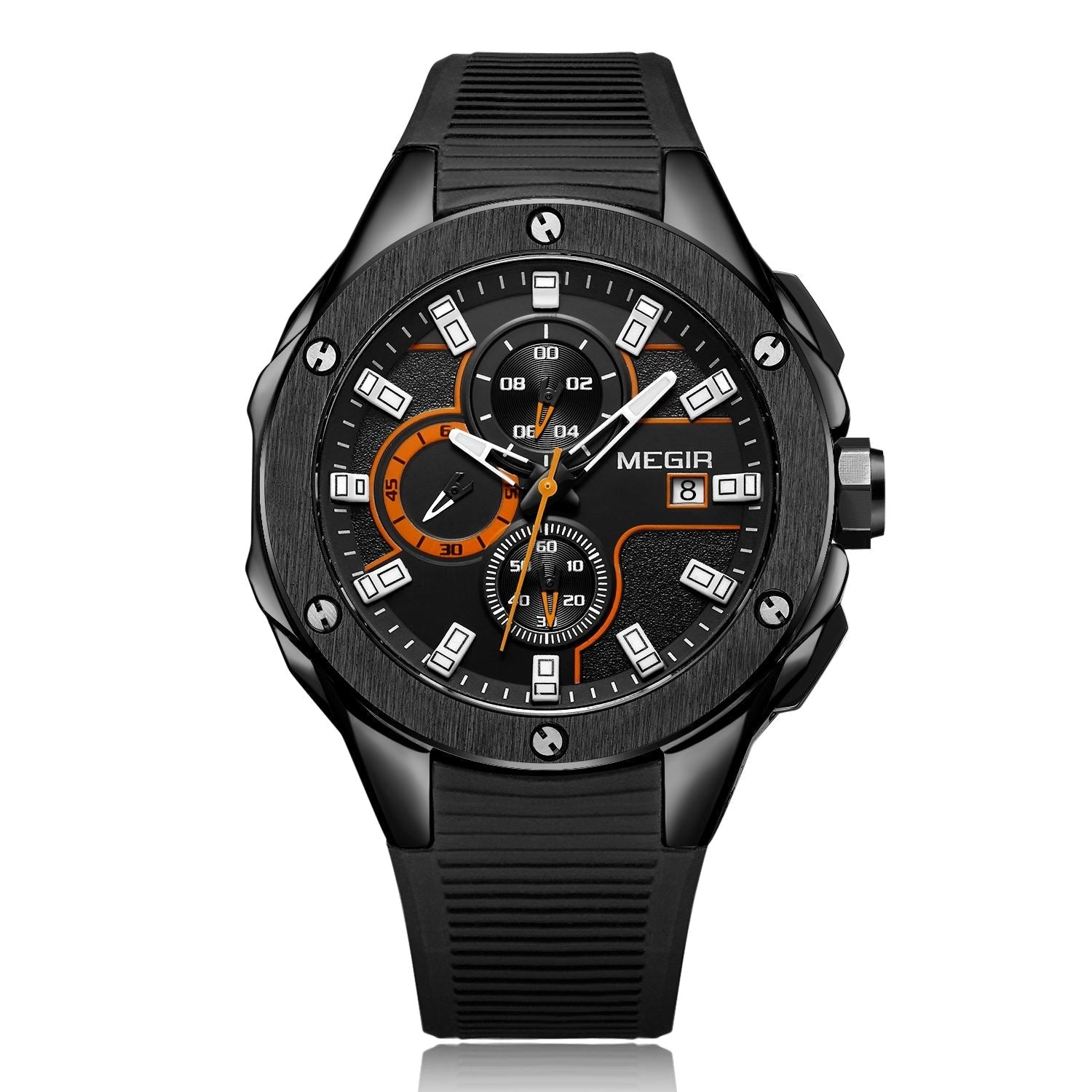 Megir MN2053G-BK-1N11 quartz chronograph men's watch with black silicone strap and orange accents Main image
