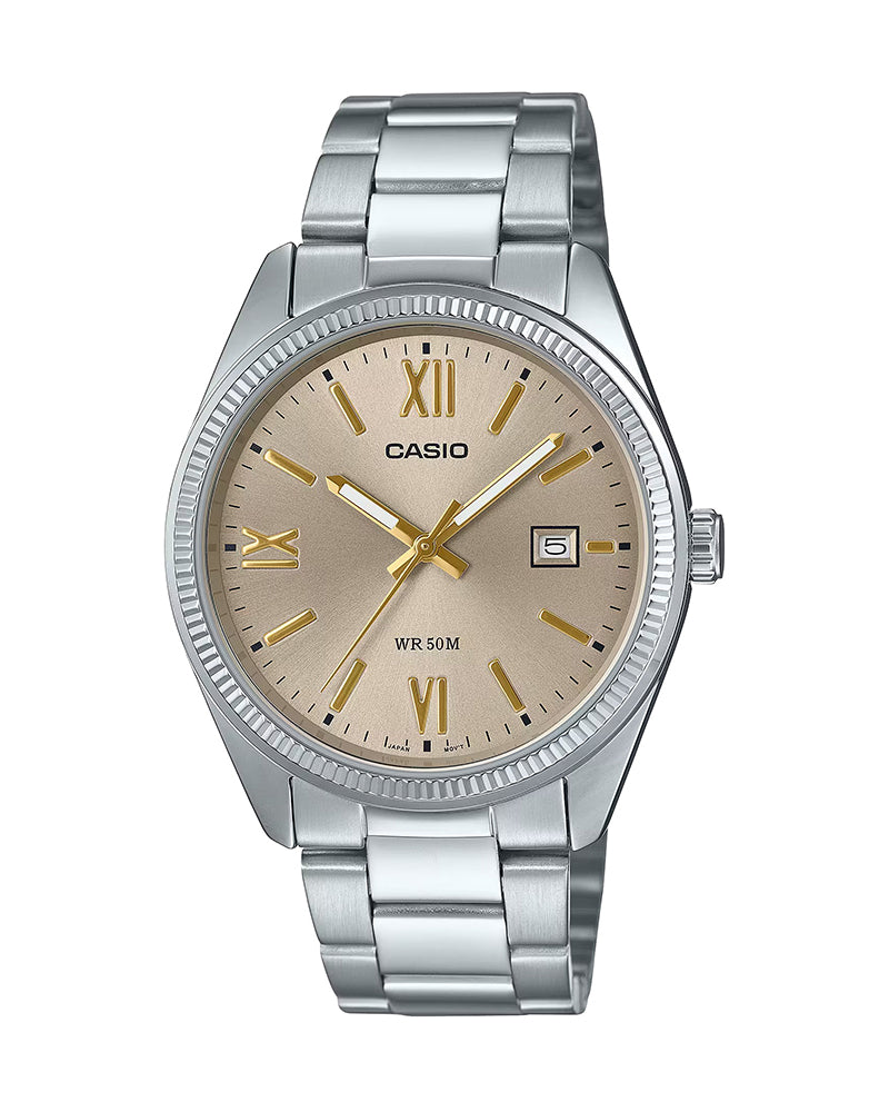 Casio General MTP-1302DD-9A men's stainless steel analog watch with a gold-tone dial, featuring a date display and a classic round case design. Main image