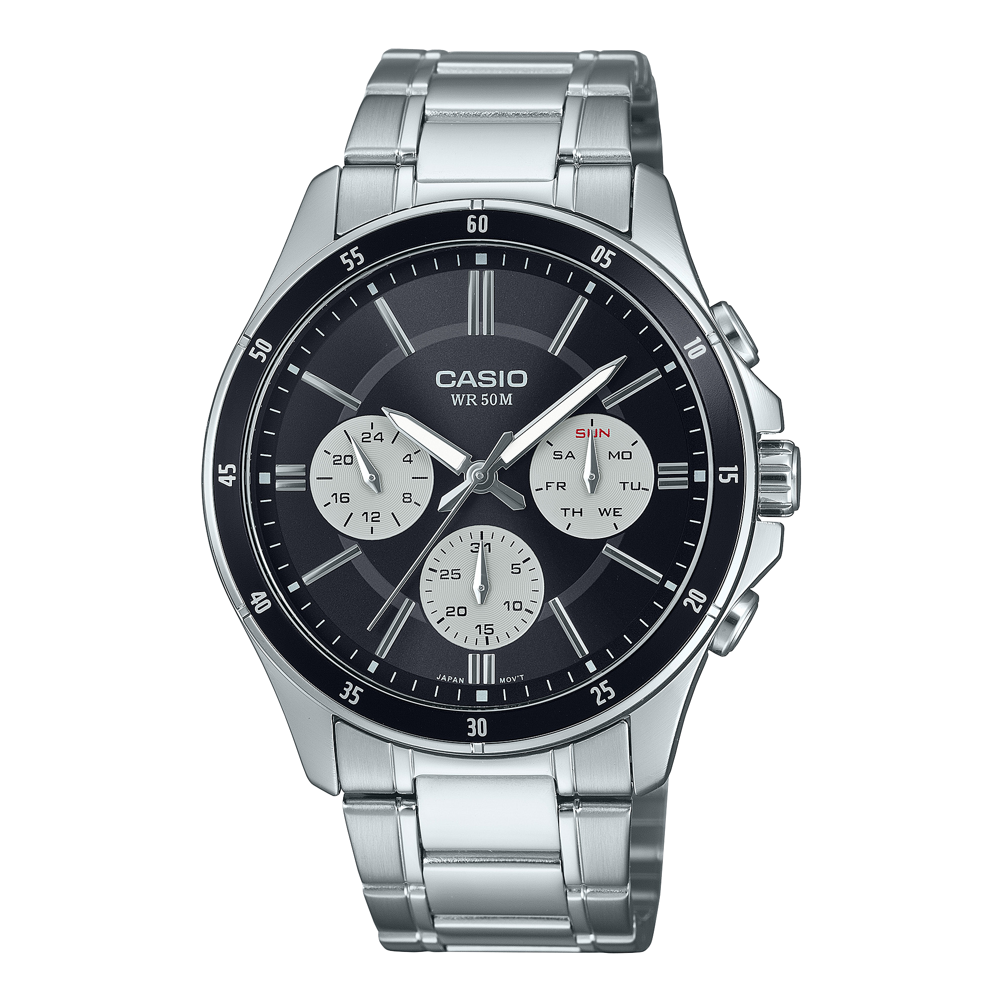 "Casio MTP-1374D-1A3 men's stainless steel watch with black dial, analog display, and multi-function subdials" Main image