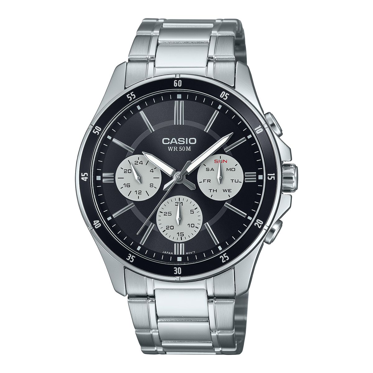 "Casio MTP-1374D-1A3 men's stainless steel watch with black dial, analog display, and multi-function subdials"