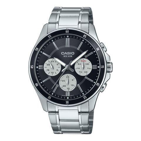 "Casio MTP-1374D-1A3 men's stainless steel watch with black dial, analog display, and multi-function subdials"
