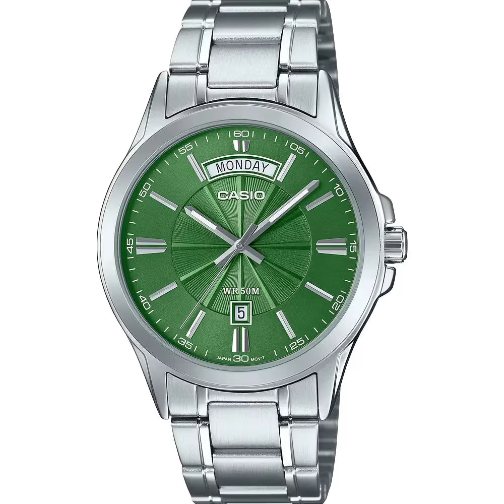 Casio-MTP-1381D-3A-mens-stainless-steel-watch-green-dial Main image