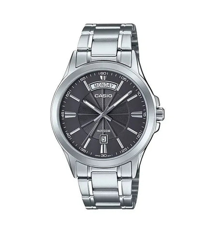 Casio MTP-1381D-8A men’s stainless steel analog wrist watch with grey dial and silver strap