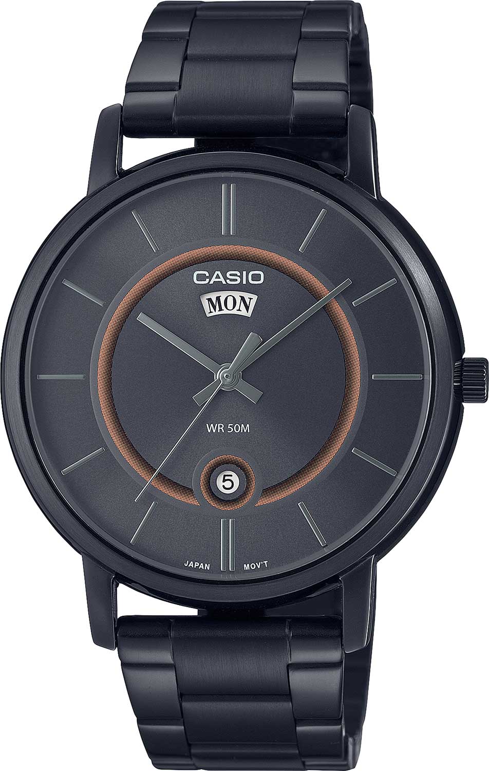 Casio Enticer MTP-B120B-8A men's watch featuring a grey sunray dial and black stainless steel mesh band. Main image
