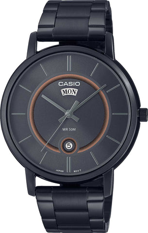 Casio Enticer MTP-B120B-8A men's watch featuring a grey sunray dial and black stainless steel mesh band.