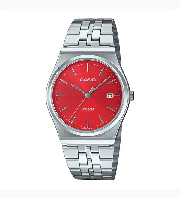 Casio Men's Analog Watch, Model MTP-B145D-4A2, featuring a sleek silver stainless steel band, bold red dial with minimalist markers, and water resistance. A stylish and functional accessory for any occasion. Main image