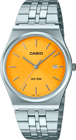 Casio MTP-B145D-9A watch featuring a sunray yellow dial and stainless steel