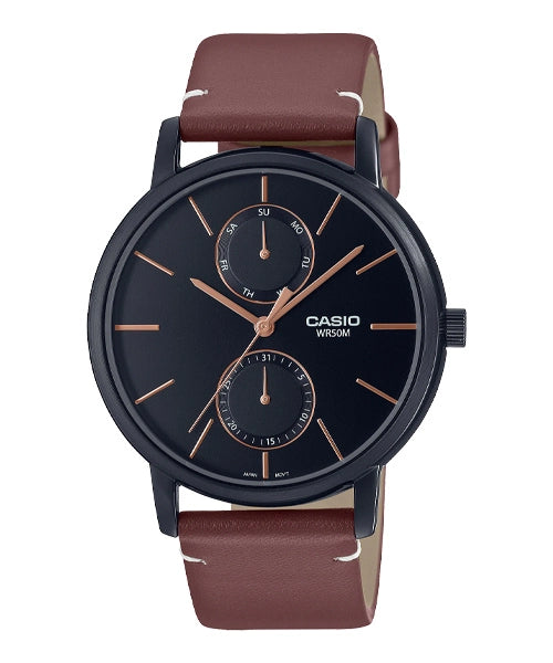 Casio Men's MTP-B310BL-5A, stylish analog wristwatch with brown leather strap and sleek black dial. Main image