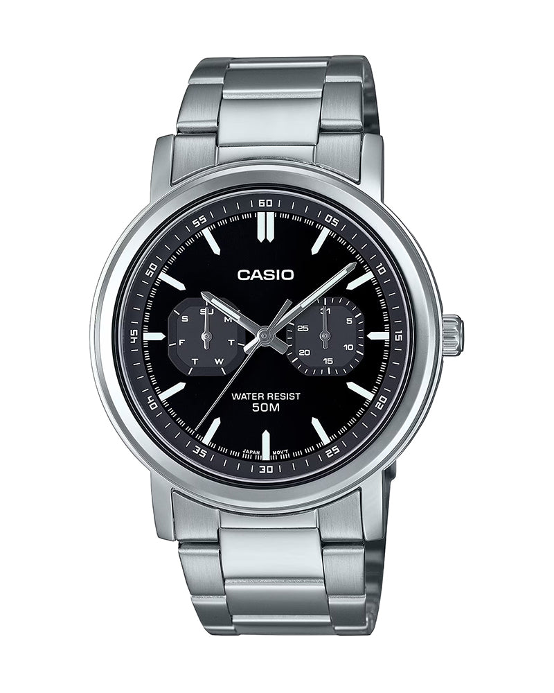 Casio General MTP-E335D-1E men's analog wristwatch with a sleek silver stainless steel strap, black dial, and bold hour markers for a stylish and professional look. Main image