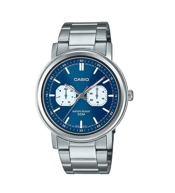 Casio MTP-E335D-2E1 men’s stainless steel analog wristwatch with silver dial and date display Main image