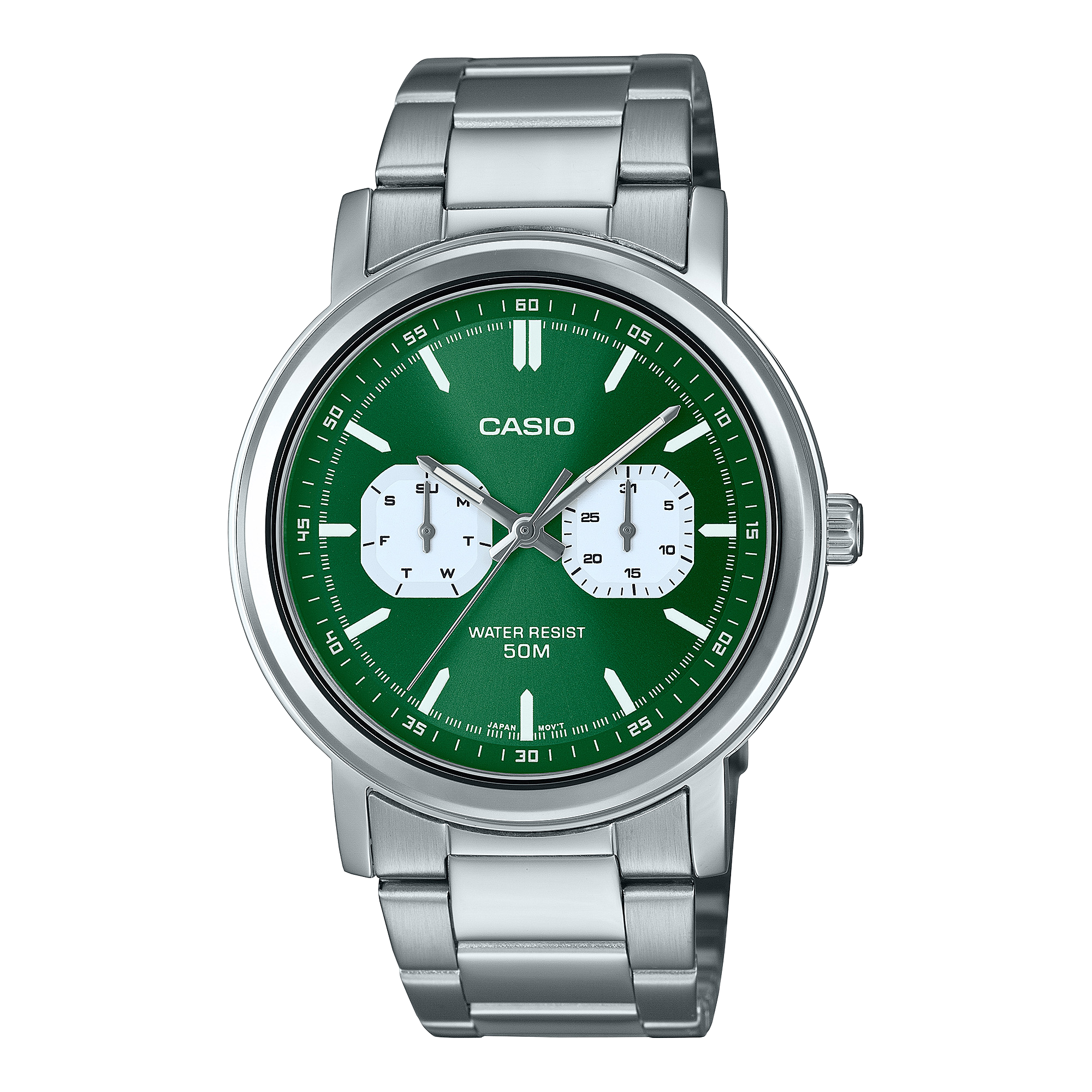 Casio General MTP-E335D-3E watch featuring a sleek silver stainless steel band, round green dial with silver-tone hands, and date display, showcasing a modern and elegant design suitable for casual and formal occasions.