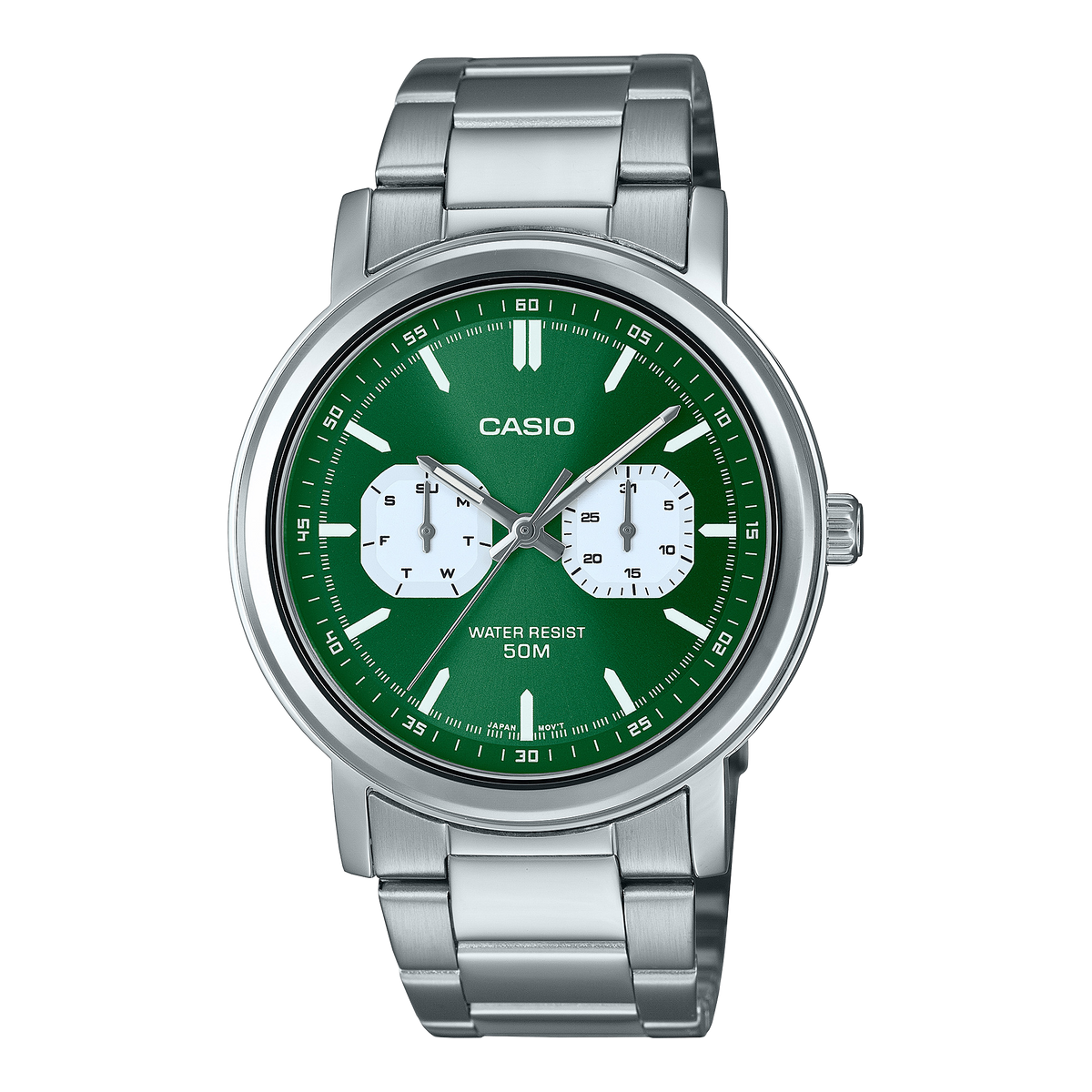 Casio General MTP-E335D-3E watch featuring a sleek silver stainless steel band, round green dial with silver-tone hands, and date display, showcasing a modern and elegant design suitable for casual and formal occasions.