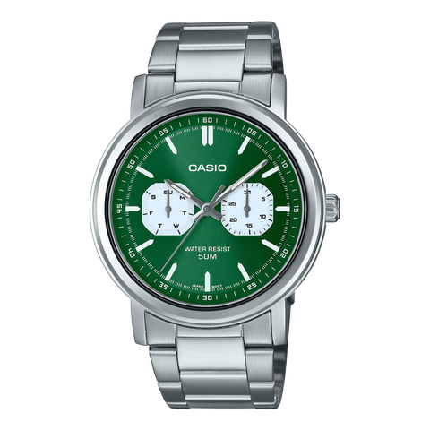 Casio General MTP-E335D-3E watch featuring a sleek silver stainless steel band, round green dial with silver-tone hands, and date display, showcasing a modern and elegant design suitable for casual and formal occasions.