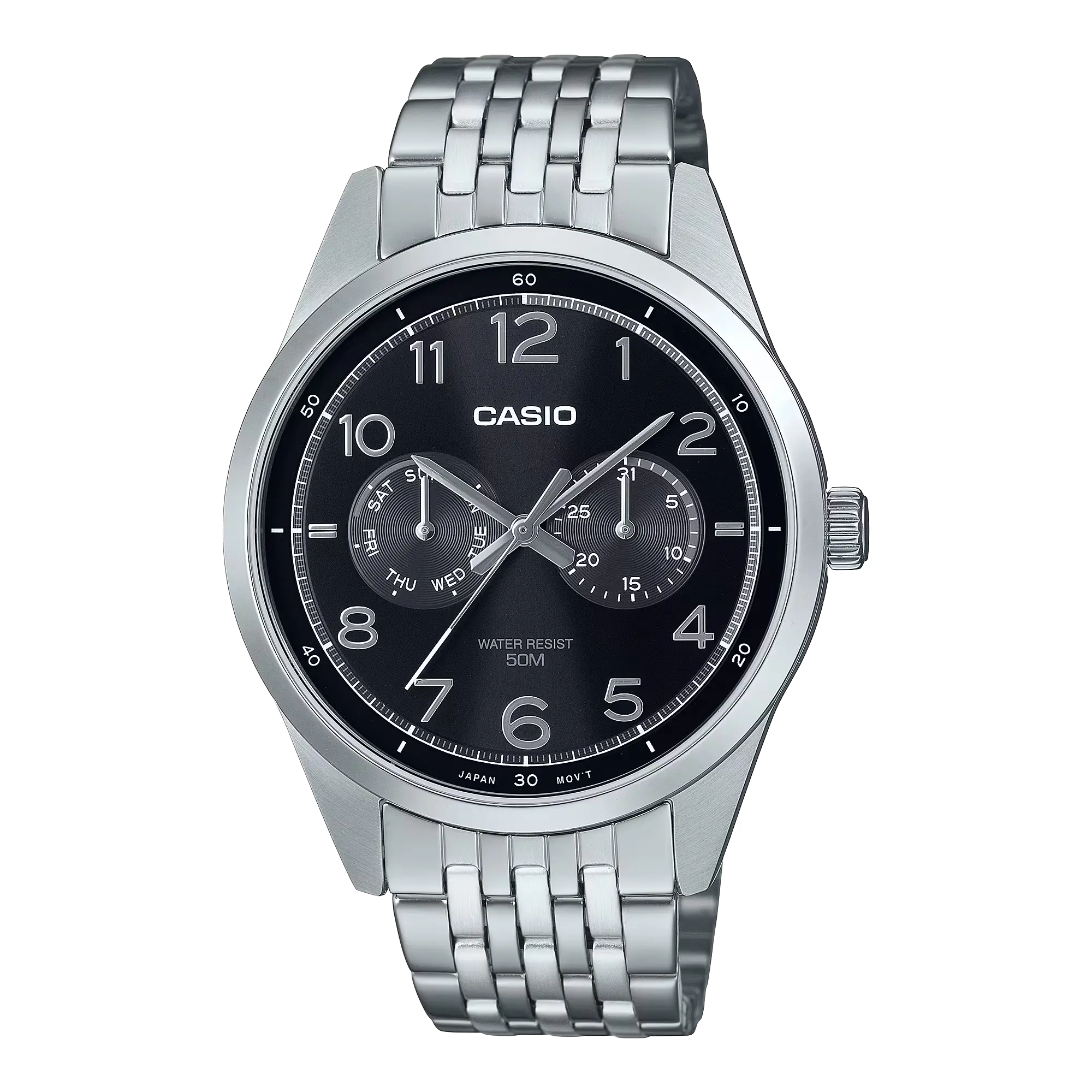 Casio General MTP-E340D-1A wristwatch featuring a stainless steel band and a sleek black dial with silver-tone hour markers and hands.