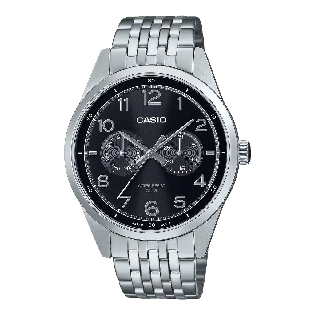 Casio General MTP-E340D-1A wristwatch featuring a stainless steel band and a sleek black dial with silver-tone hour markers and hands.