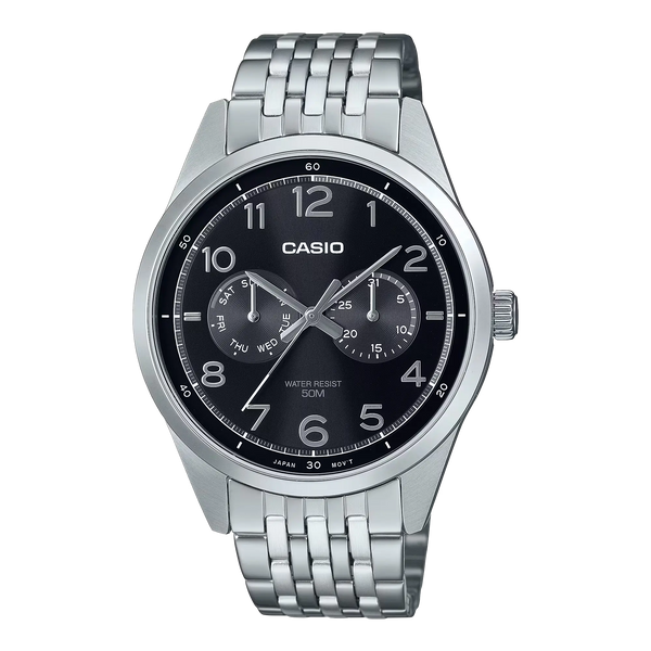 Casio General MTP-E340D-1A wristwatch featuring a stainless steel band and a sleek black dial with silver-tone hour markers and hands.