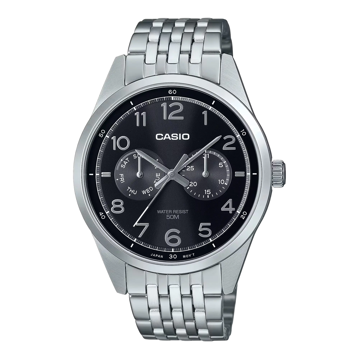 Casio General MTP-E340D-1A wristwatch featuring a stainless steel band and a sleek black dial with silver-tone hour markers and hands.