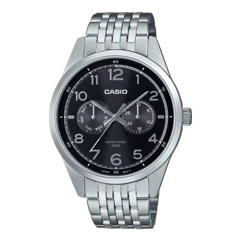 Casio General MTP-E340D-1A wristwatch featuring a stainless steel band and a sleek black dial with silver-tone hour markers and hands.