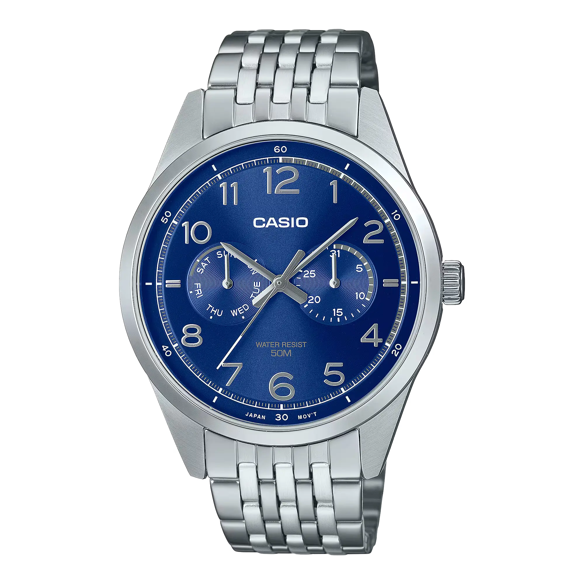 Close-up view of the Casio General MTP-E340D-2AVDF watch featuring a silver stainless steel bracelet, a round blue dial with silver-tone hour markers and hands, and a date display at 3 o'clock.