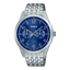 Close-up view of the Casio General MTP-E340D-2AVDF watch featuring a silver stainless steel bracelet, a round blue dial with silver-tone hour markers and hands, and a date display at 3 o'clock.