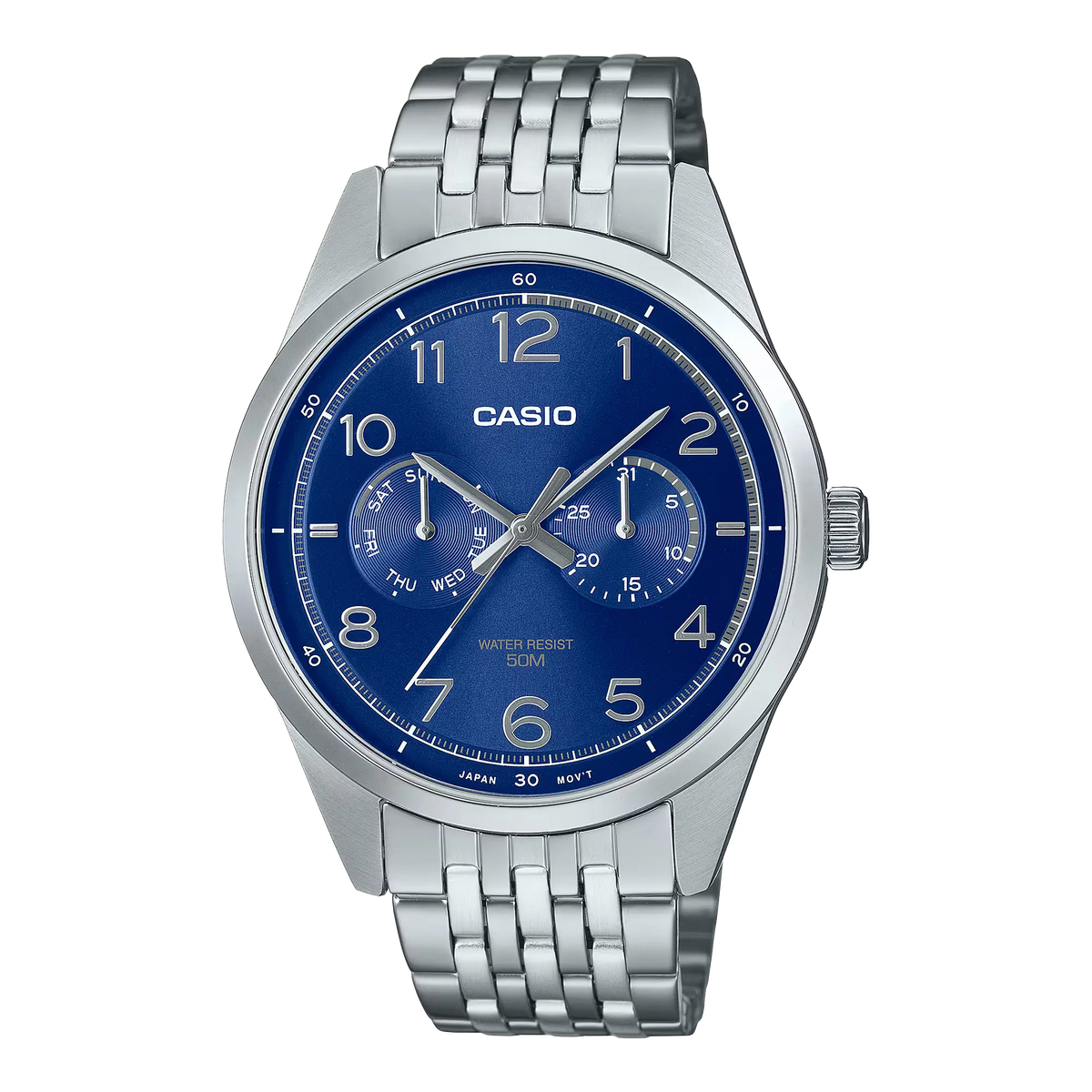 Close-up view of the Casio General MTP-E340D-2AVDF watch featuring a silver stainless steel bracelet, a round blue dial with silver-tone hour markers and hands, and a date display at 3 o'clock.