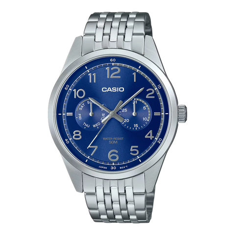 Close-up view of the Casio General MTP-E340D-2AVDF watch featuring a silver stainless steel bracelet, a round blue dial with silver-tone hour markers and hands, and a date display at 3 o'clock.