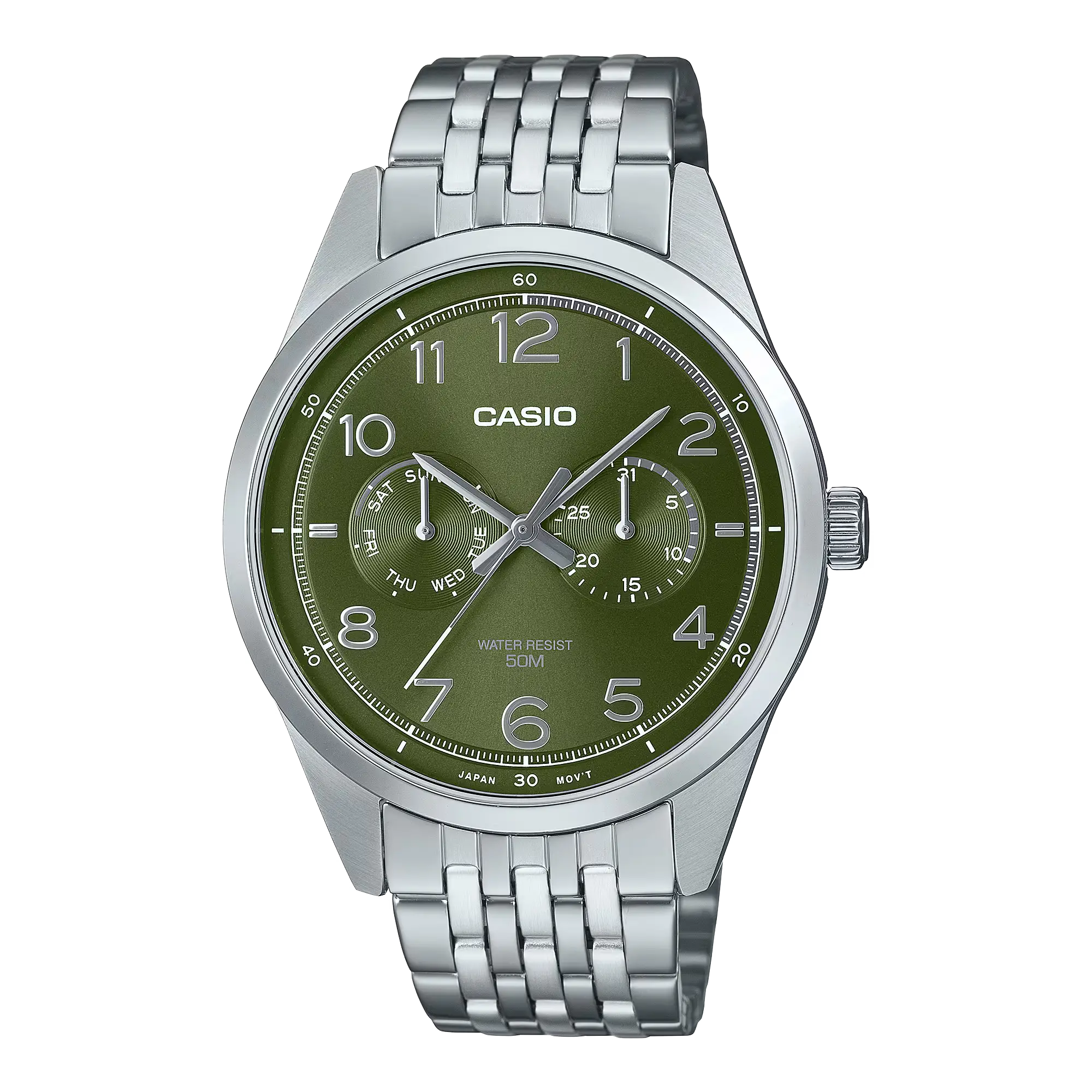 Casio General MTP-E340D-3A watch featuring a round silver stainless steel case, a black dial with silver-tone hour markers, and a stainless steel bracelet. Main image