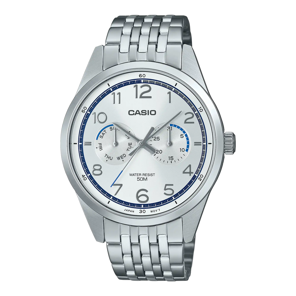 Casio General MTP-E340D-7A: A stylish wristwatch featuring a silver stainless steel band, a white dial with silver-tone hands, and a date display, perfect for both casual and formal occasions.