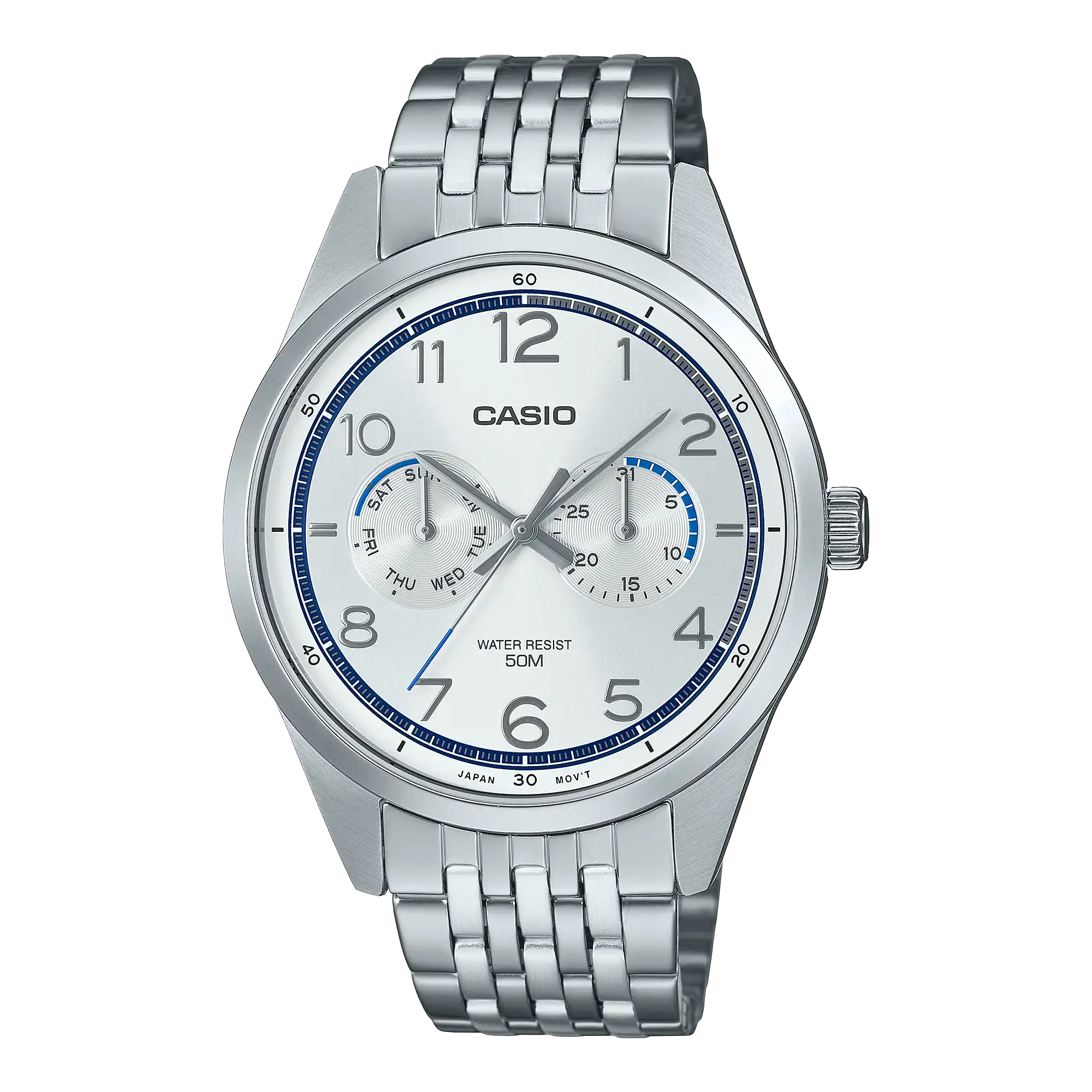 Casio General MTP-E340D-7A: A stylish wristwatch featuring a silver stainless steel band, a white dial with silver-tone hands, and a date display, perfect for both casual and formal occasions. Main image
