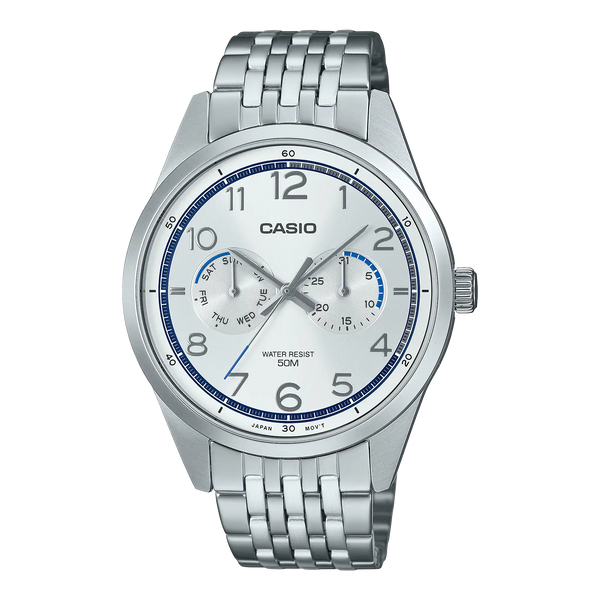 Casio General MTP-E340D-7A: A stylish wristwatch featuring a silver stainless steel band, a white dial with silver-tone hands, and a date display, perfect for both casual and formal occasions.