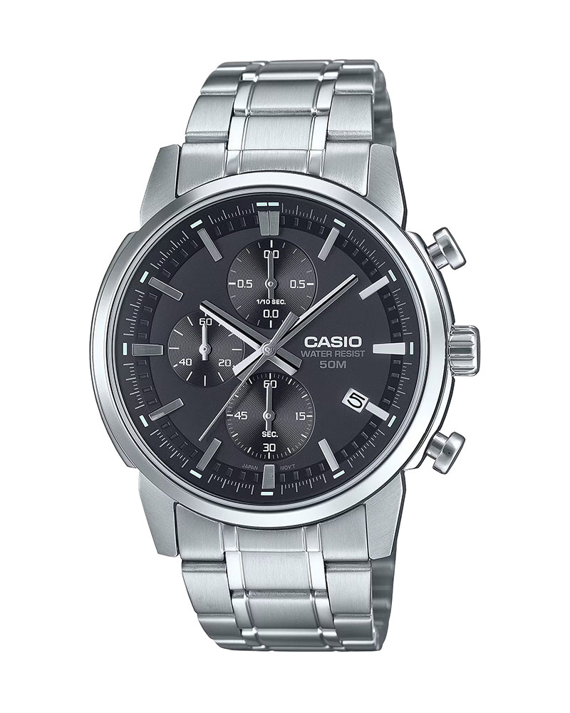 Casio General MTP-E510D-1A1 watch featuring a sleek stainless steel design, black dial with silver-tone hour markers, and a date display. Ideal for both casual and formal occasions.