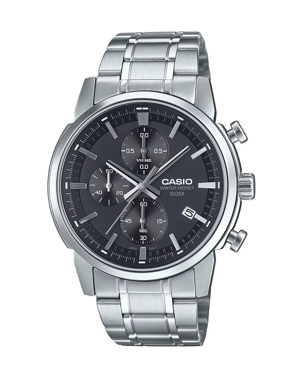 Casio General MTP-E510D-1A1 watch featuring a sleek stainless steel design, black dial with silver-tone hour markers, and a date display. Ideal for both casual and formal occasions.