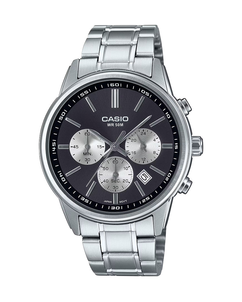 Casio General MTP-E515D-1A wristwatch featuring a sleek silver stainless steel band, a black round dial with silver-tone hands and hour markers, and a date display at 3 o'clock.