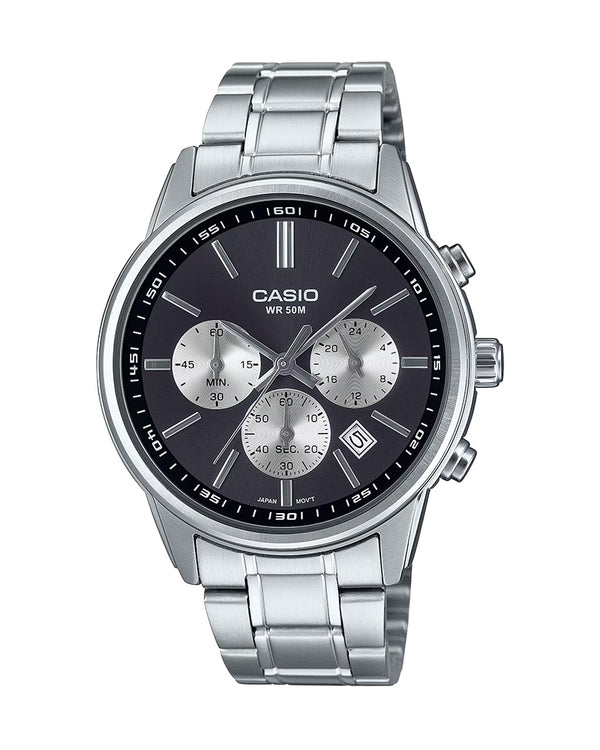 Casio General MTP-E515D-1A wristwatch featuring a sleek silver stainless steel band, a black round dial with silver-tone hands and hour markers, and a date display at 3 o'clock.