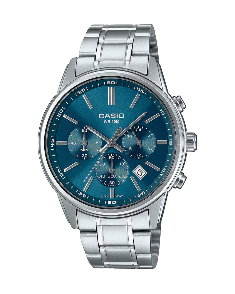 Casio General MTP-E515D-2A1 wristwatch featuring a silver stainless steel band, a blue analog dial with silver-tone hour markers, and a date display at 3 o'clock. The watch has a classic, elegant design suitable for both casual and formal occasions. Main image