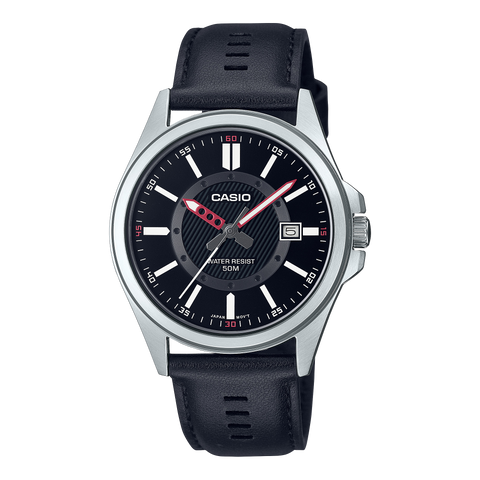 Casio MTP-E700L-1E black dial men's watch with leather strap